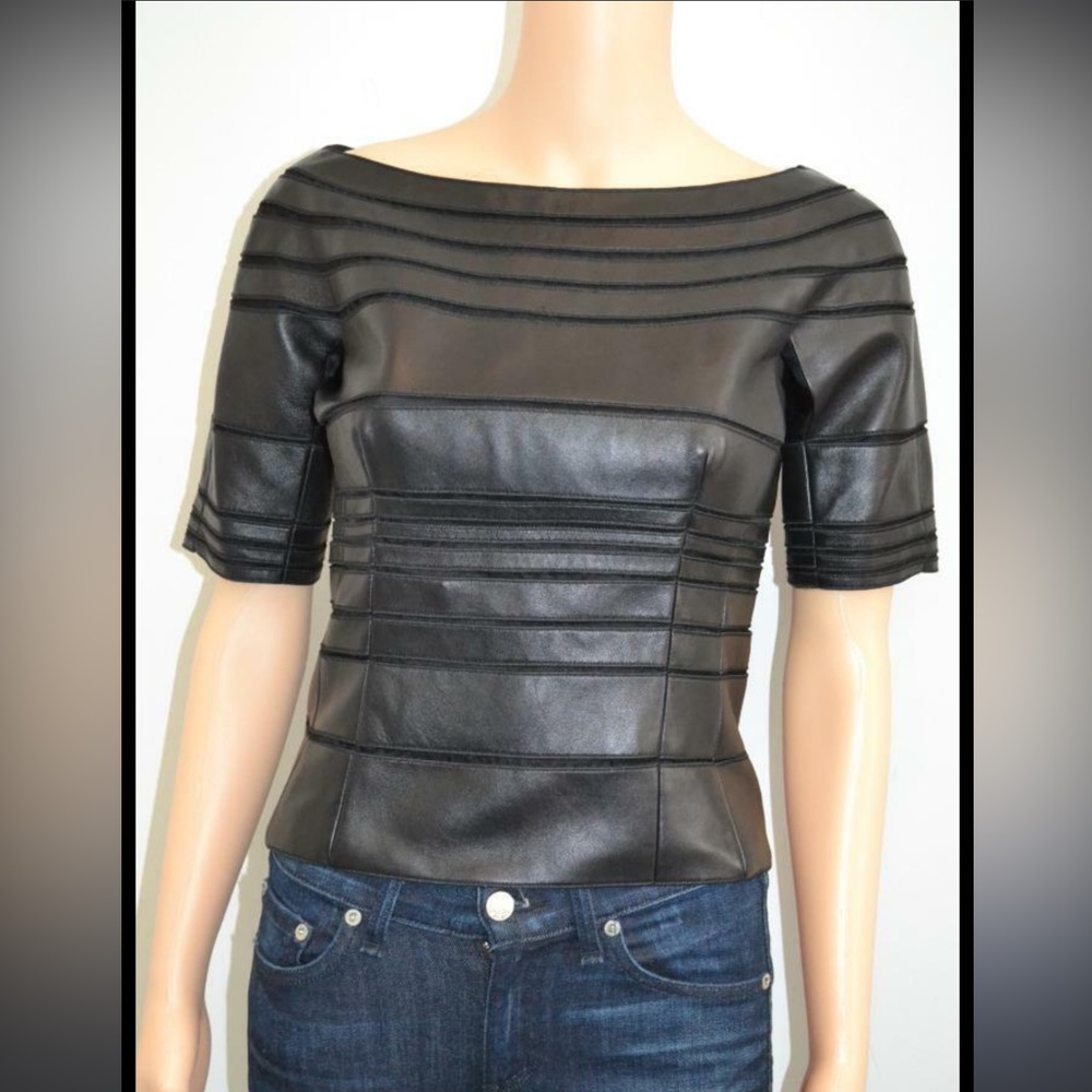 J. Mendel Black Faux Leather w/ Seamed Cut-outs SS Cropped Blouse/Top, Size US 8
